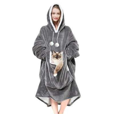 Larleaf Kangaroo Wearable Blanket Hoodie with Giant Pocket, One Size Pet Clothes Extra Soft Sherpa Fleece Warm ＆ Cozy Oversize Sweatshirt Blanket Jacket with Sleeves Gifts for Dogs and Cats, Cozy Hooded Cat Clothes Womenswear Winter Cute Machine Washable