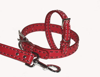 A Pets World 03011304-10 Leather Dog Collar- Red-Chocolate Saddle Stit