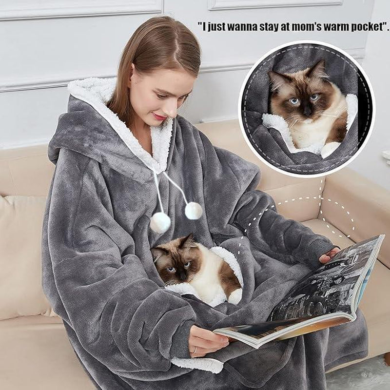 Larleaf Kangaroo Wearable Blanket Hoodie with Giant Pocket, One Size Pet Clothes Extra Soft Sherpa Fleece Warm ＆ Cozy Oversize Sweatshirt Blanket Jacket with Sleeves Gifts for Dogs and Cats, Cozy Hooded Cat Clothes Womenswear Winter Cute Machine Washable
